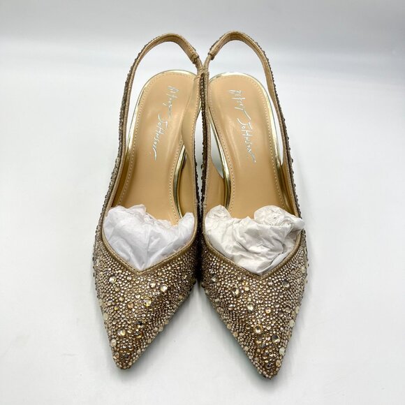 Betsey Johnson Size 6.5 Clark Gold Jewel Encrusted Slingback Heels Pumps‎ Shoes - Picture 2 of 13